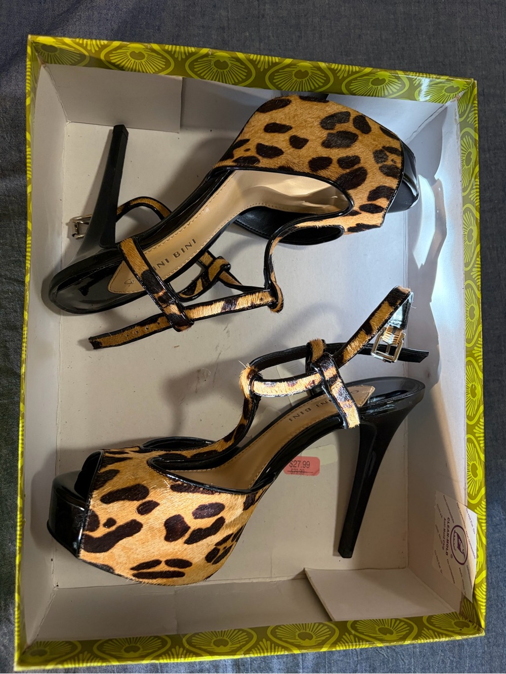 Gianni Bini Leopard Print Platform Sandals with Black Patent Heel